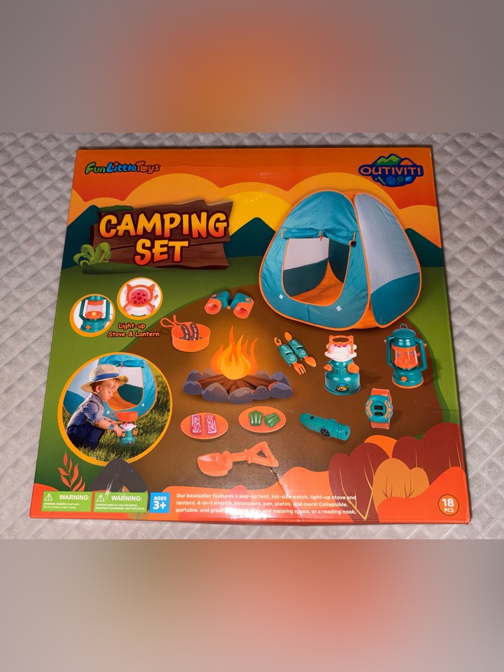 Kids Camping Set - Blue & Orange Pretend Play Tent and Accessories